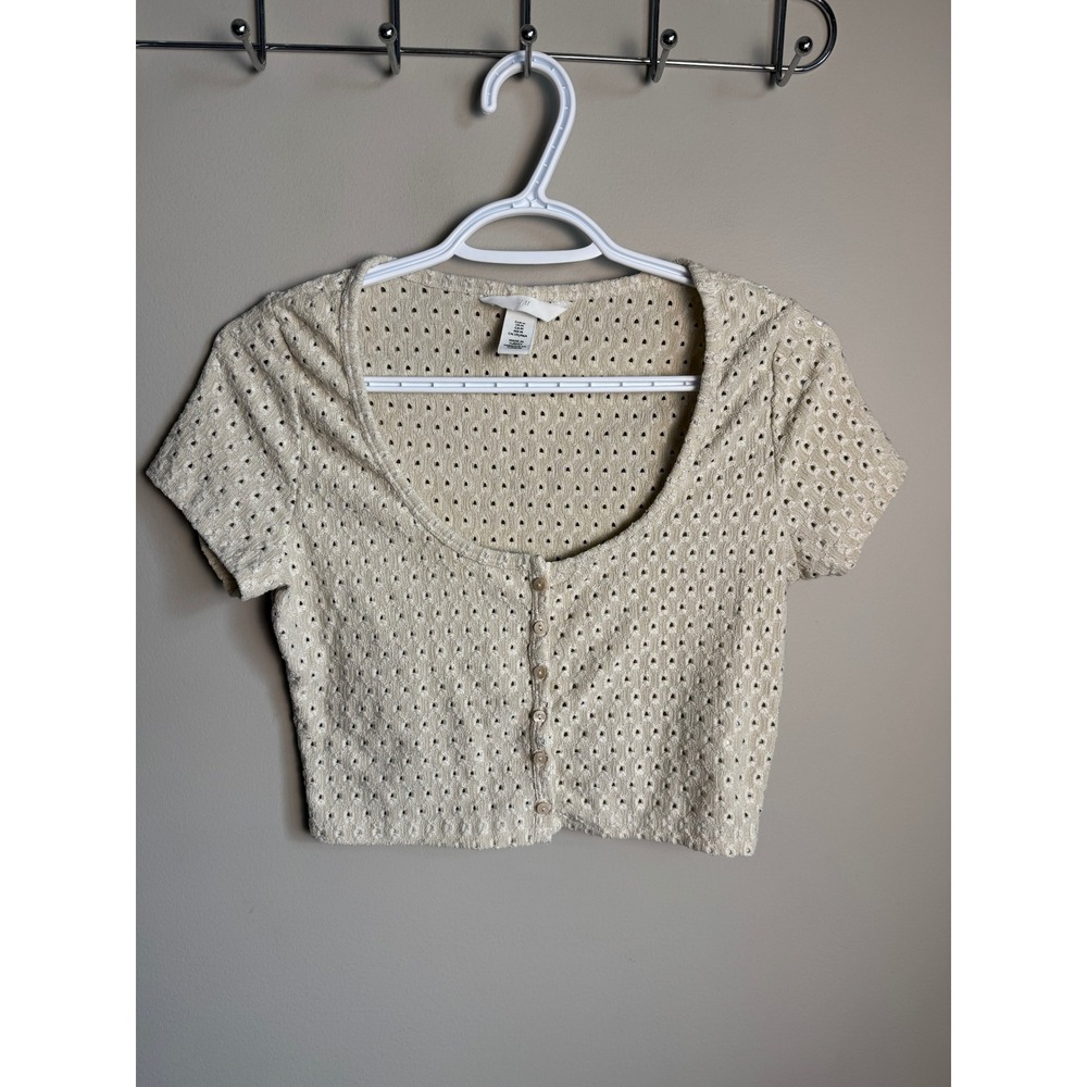 H&M Womens Cream Eyelet Button Front Crop Top M Boho Cottagecore Dainty Summer